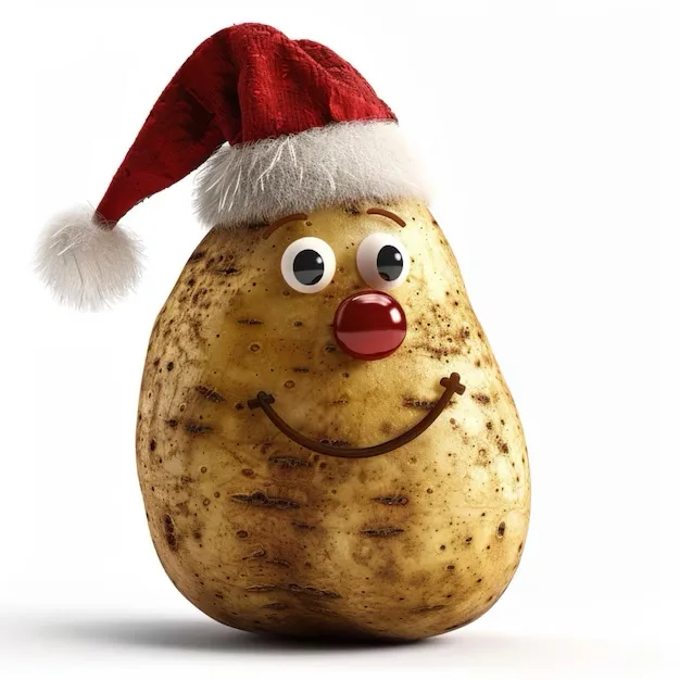 A potato with cartoon eyes, a red nose, and a smiling mouth wears a red Santa hat with white trim and a pom-pom. The…