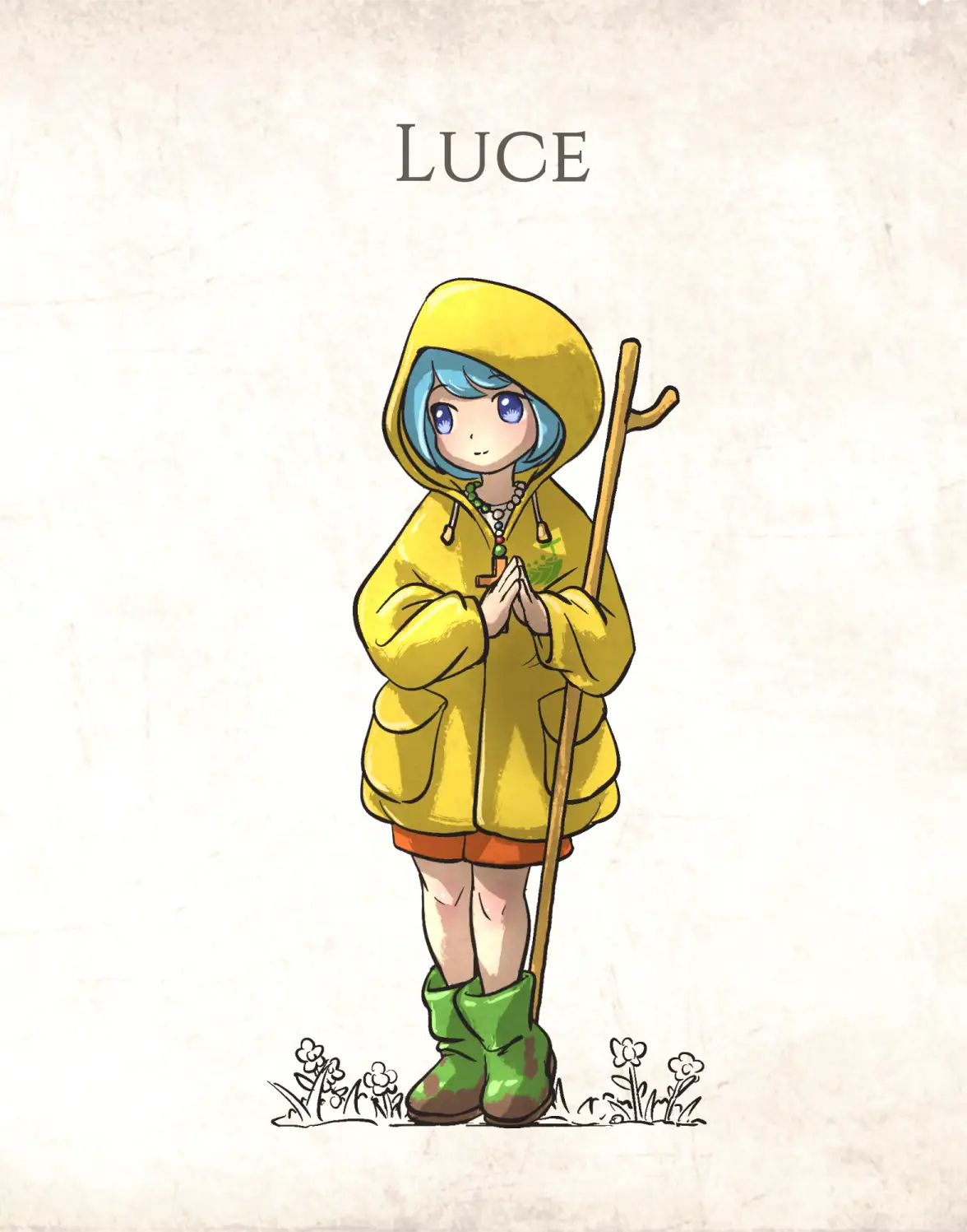 An anime-style illustration of a young girl named LUCE, wearing a yellow hooded raincoat, green boots, and orange shorts…
