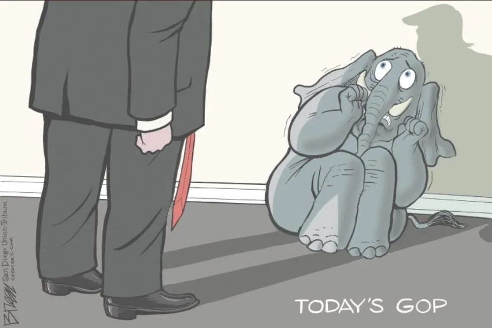 A cartoon depicts a small, distressed elephant sitting on the floor, covering its ears with its trunk and flapping ears…