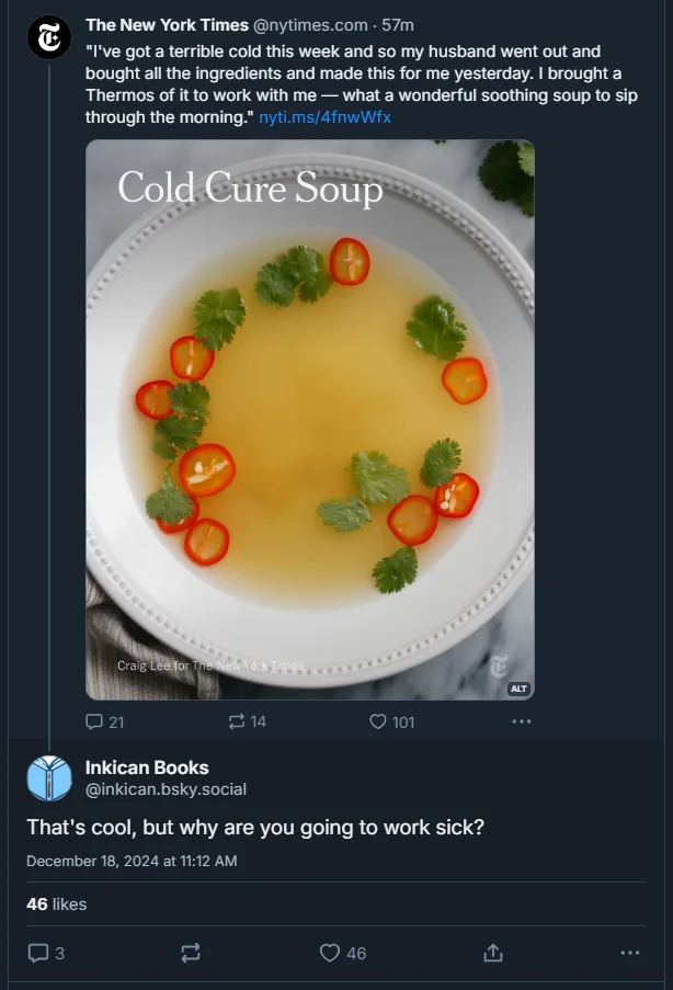 A white bowl contains a clear broth with red chili slices and cilantro leaves arranged around the edge. The overlaid text…