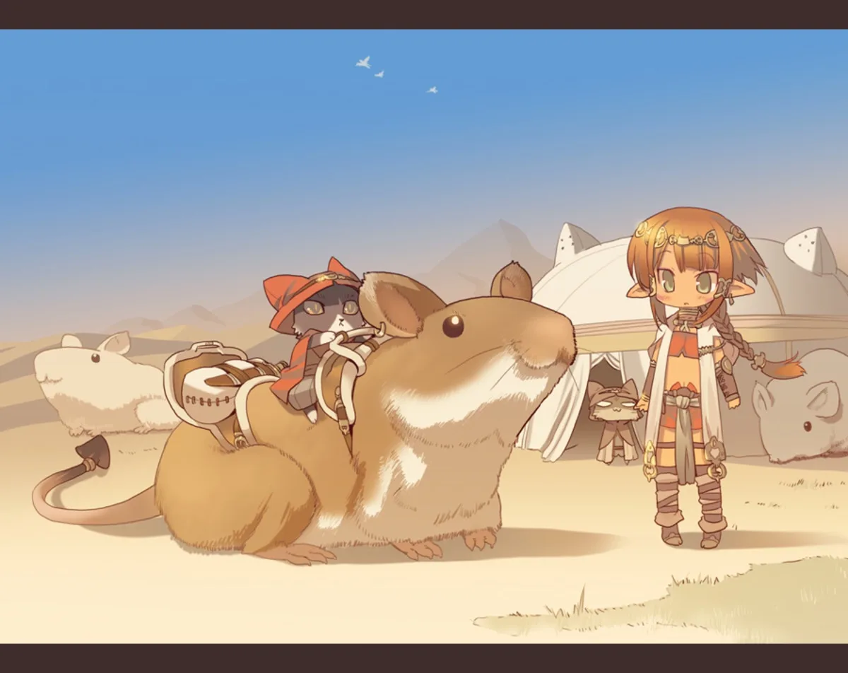 An anime-style illustration shows a small, anthropomorphic cat wearing a red hat riding a large, brown, furry rodent…