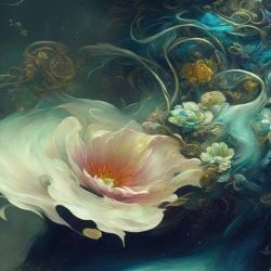 a surreal, painterly image of a large, soft pink and white flower with delicate petals, set against a dark, swirling…