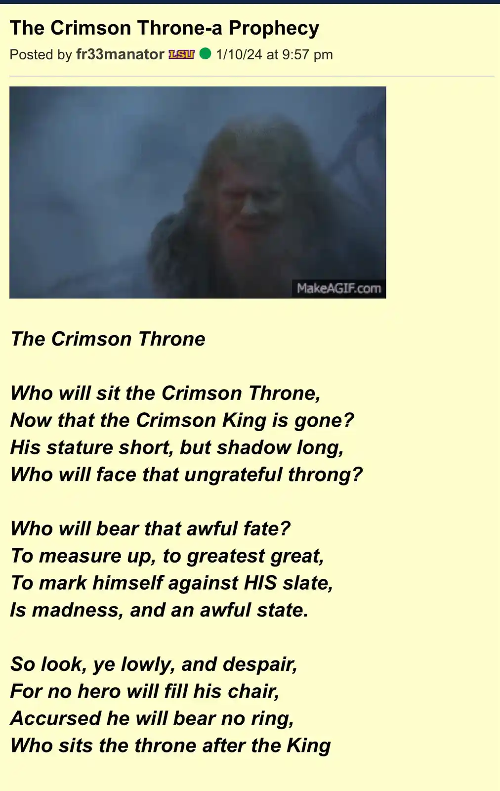A blurry image of a man with long hair and a beard, likely from a fantasy movie, is overlaid with a poem titled 'The Crimson…