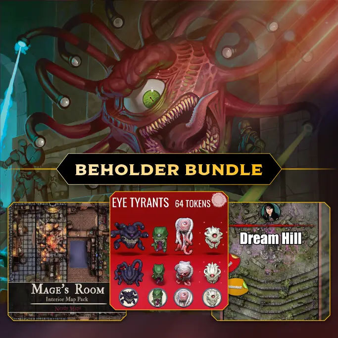 A promotional image for a tabletop RPG bundle featuring a large, multi-eyed red beholder monster in the background. Overlaid…