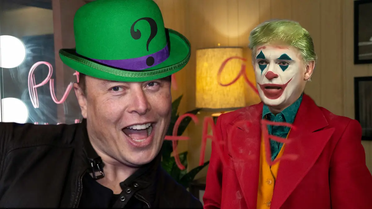 The image shows Elon Musk on the left wearing a green top hat with a question mark, and on the right, a person in a red suit…