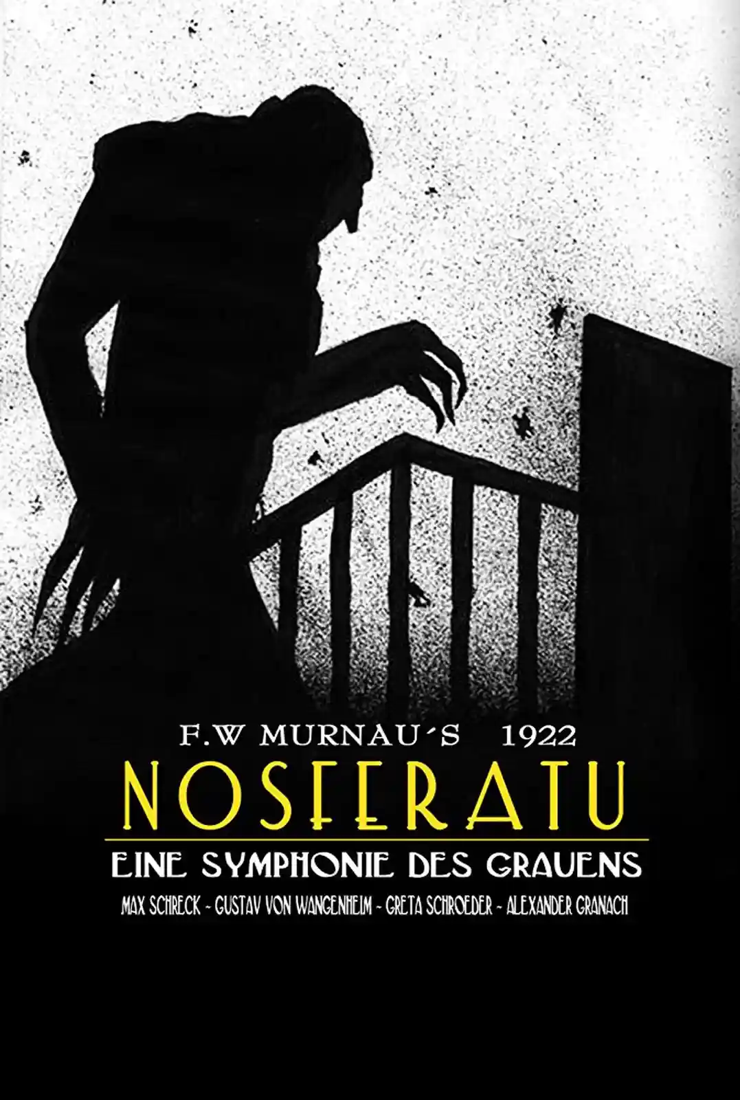 A black-and-white movie poster for F.W. Murnau's 1922 silent horror film 'Nosferatu', featuring a menacing silhouette of a…