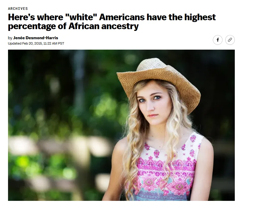 A screenshot of a news article headline reading 'Here's where "white" Americans have the highest percentage of African…