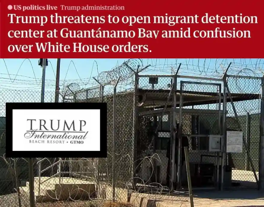 The image shows a barbed-wire-enclosed facility resembling a prison, with a sign superimposed that reads 'TRUMP…