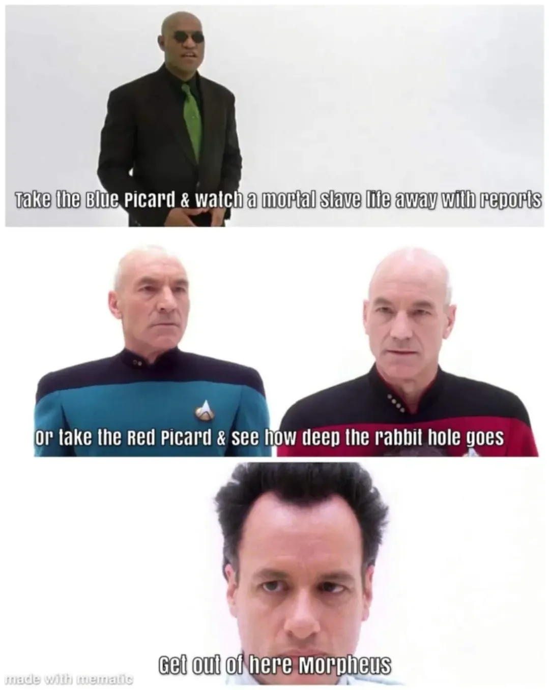 The meme features three panels: the top shows Morpheus from The Matrix in a suit with text offering a 'Blue Picard' choice…