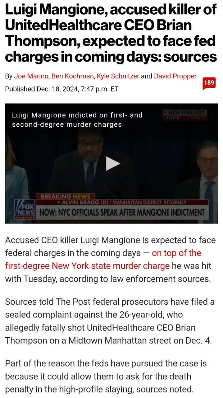 A screenshot of a Fox News article about Luigi Mangione, accused of killing UnitedHealthcare CEO Brian Thompson, showing a…