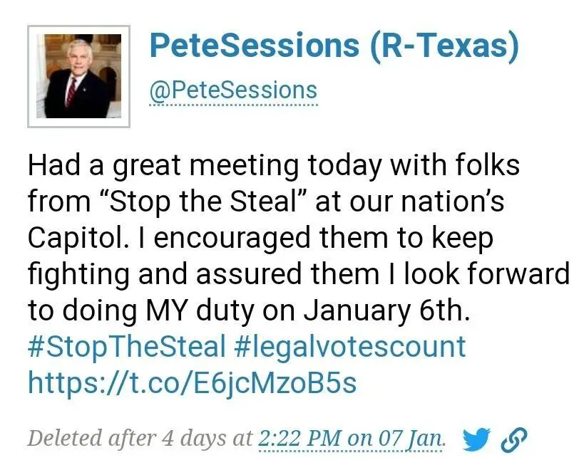 A screenshot of a deleted tweet from Pete Sessions (R-Texas) showing his profile picture, handle, and a tweet where he…