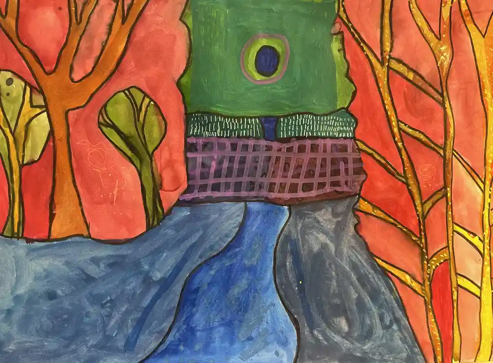 A colorful, childlike drawing depicts a green, one-eyed monster-like creature with a purple lattice mouth, standing in a…