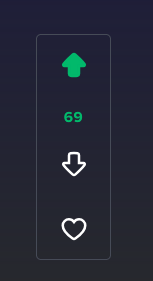 A dark-themed vertical interface shows a green upward arrow, the number '69' in green, a white downward arrow, and a white…