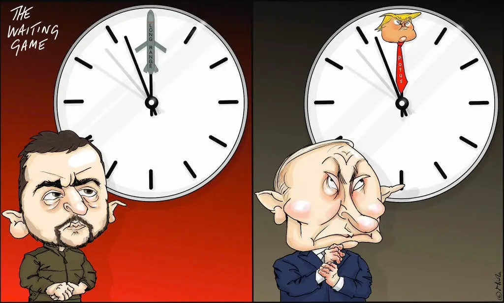 The image is split into two panels. Left: A caricature of Vladimir Putin with a stern expression, standing before a clock…