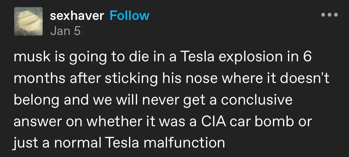 A screenshot of a social media post from a user named 'sexhaver' dated Jan 5, displaying a dark theme interface. The post…
