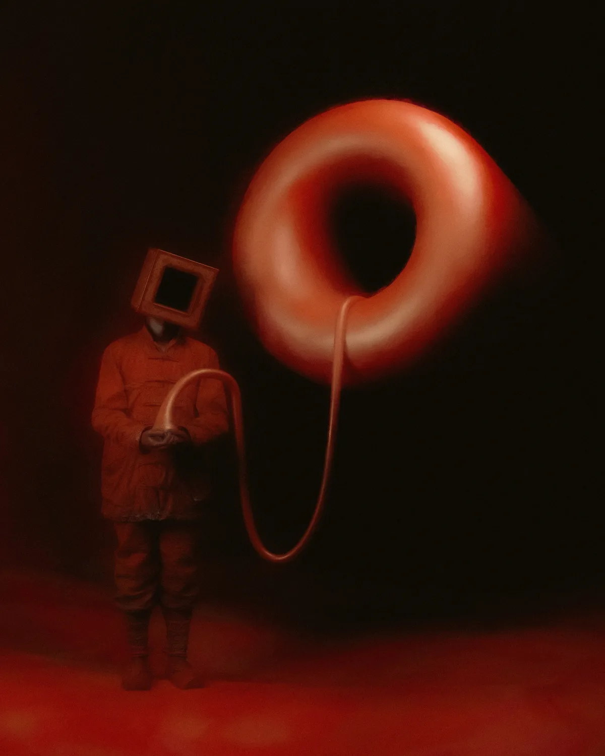 A person wearing a square monitor for a head stands in a dim red-lit room, holding a glowing red tube that connects to a…