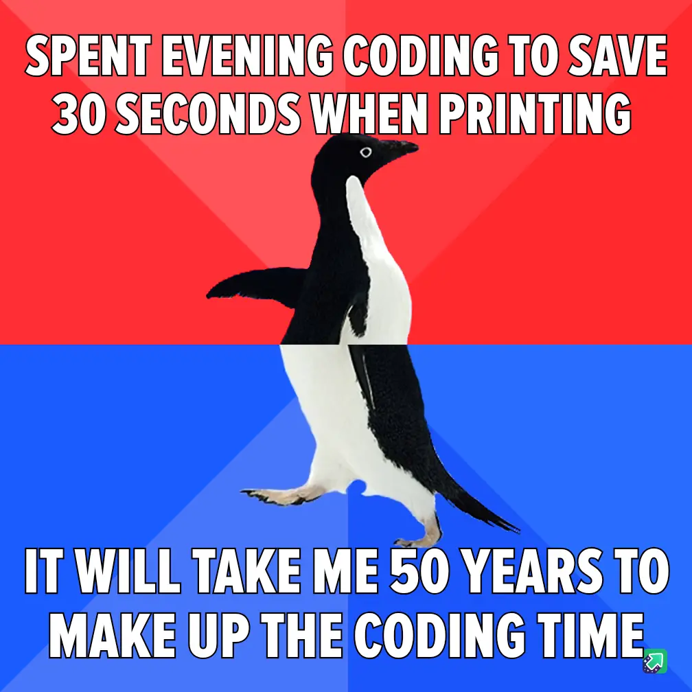 A penguin stands centered against a red and blue background, with white bold text overlaid in two sections. The top text…
