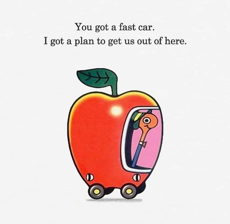A cartoon illustration of a red apple with wheels and a green leaf, modified to look like a car with a small window. Inside…