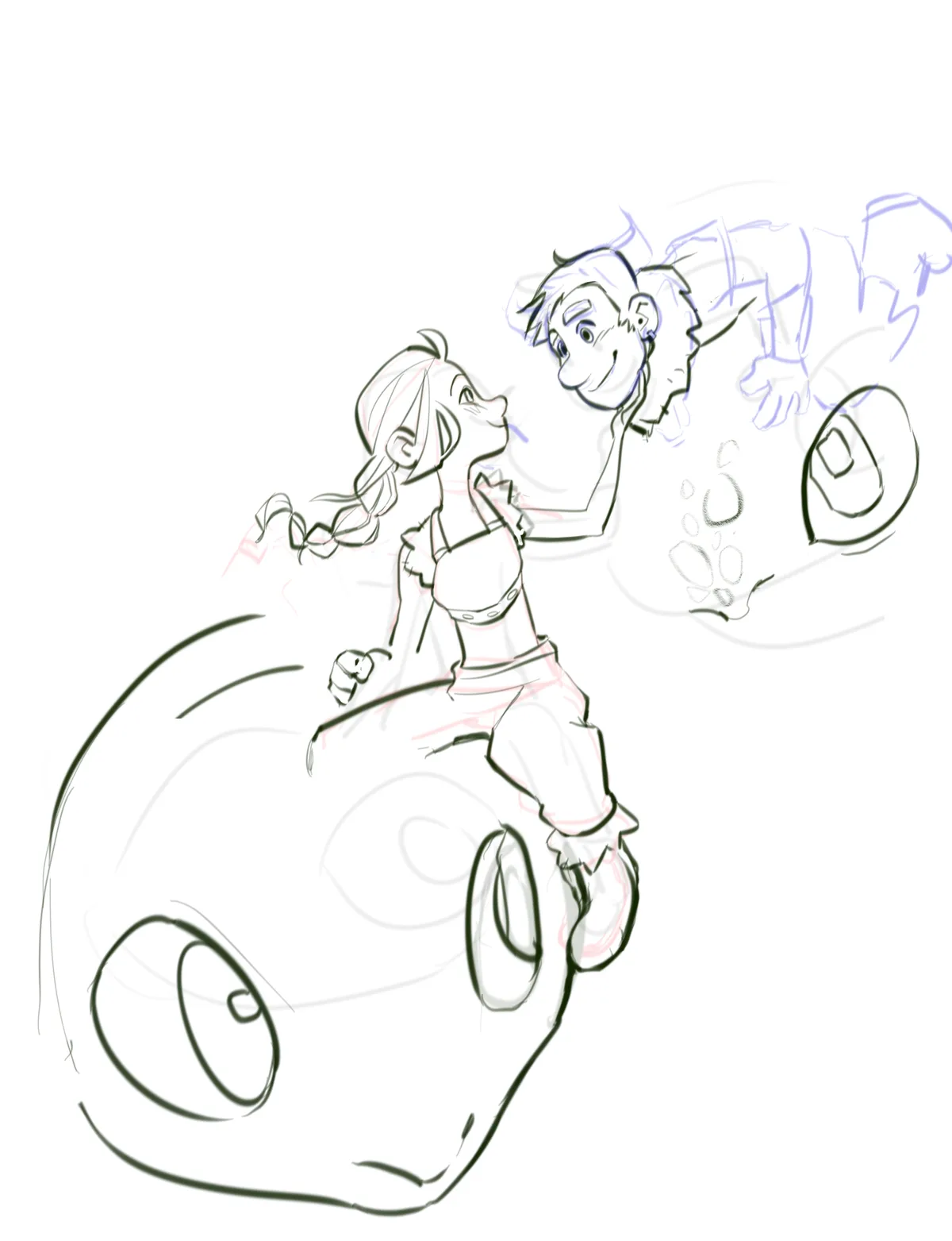 A rough sketch shows a girl riding a large, round creature while a boy floats above her, smiling. The girl looks up at him…