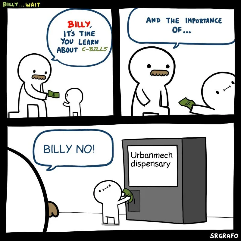 A three-panel comic shows an adult teaching a child about 'C-bills' by handing them money, then the child inserts the bill…
