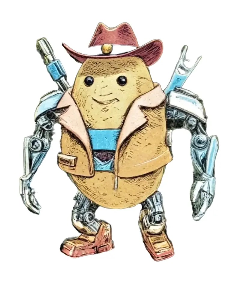 A cartoon potato with a smiling face wears a brown cowboy hat, a tan jacket, and blue shirt, with robotic arms and legs. The…