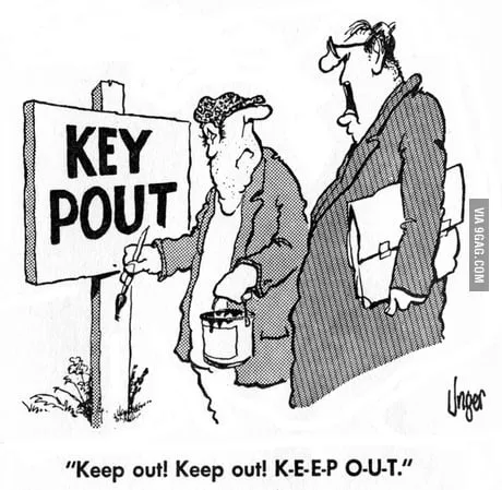 A black-and-white cartoon shows a man in a hat painting a sign that reads 'KEY POUT' while another man in a suit watches…