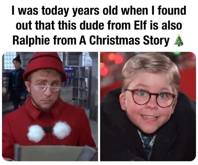 The image is a split-screen meme showing two characters: on the left, a man in a red elf costume with glasses and a confused…