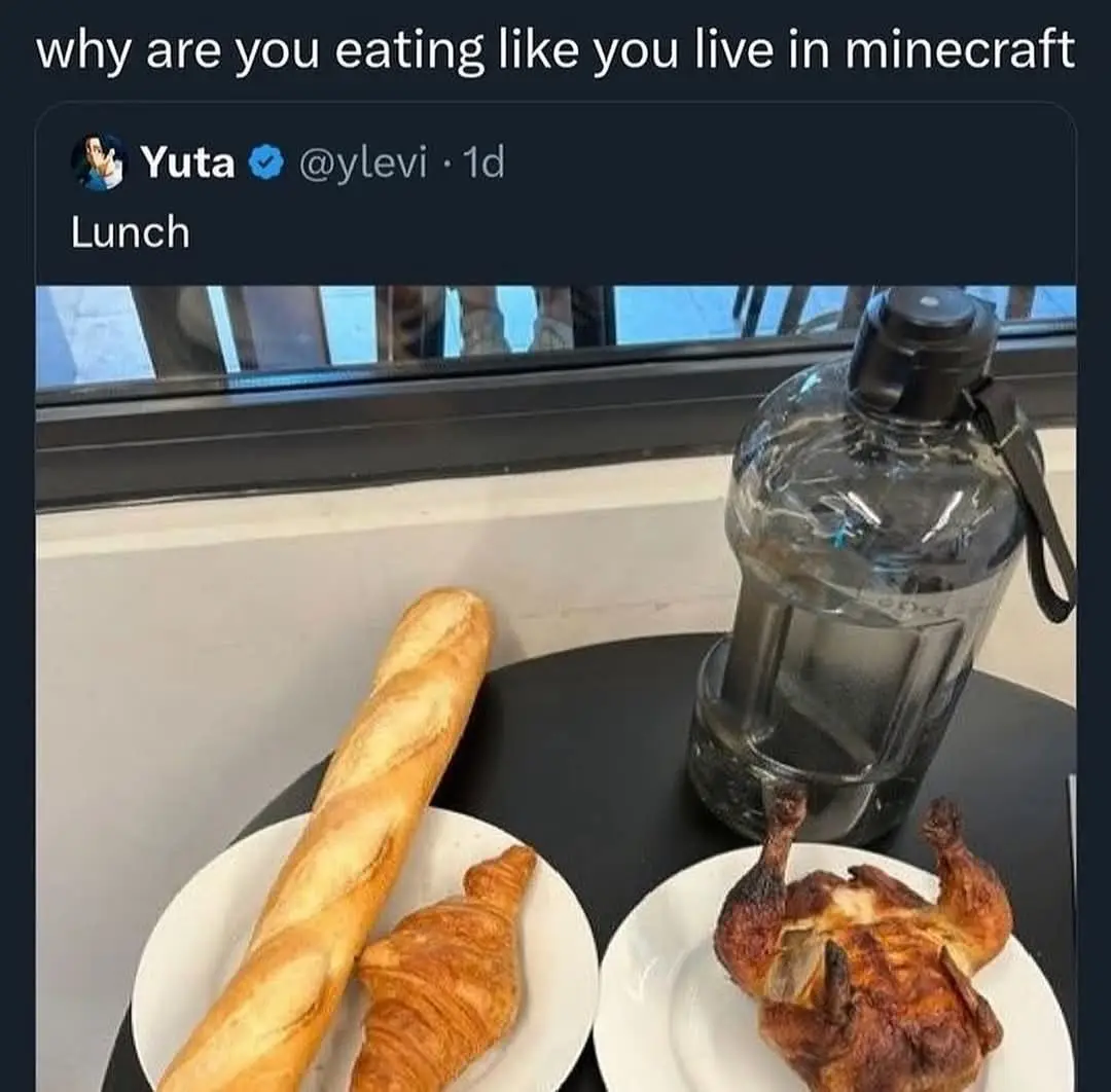 A social media post by user Yuta shows a simple lunch: a baguette and croissant on one plate, a whole roasted chicken on…