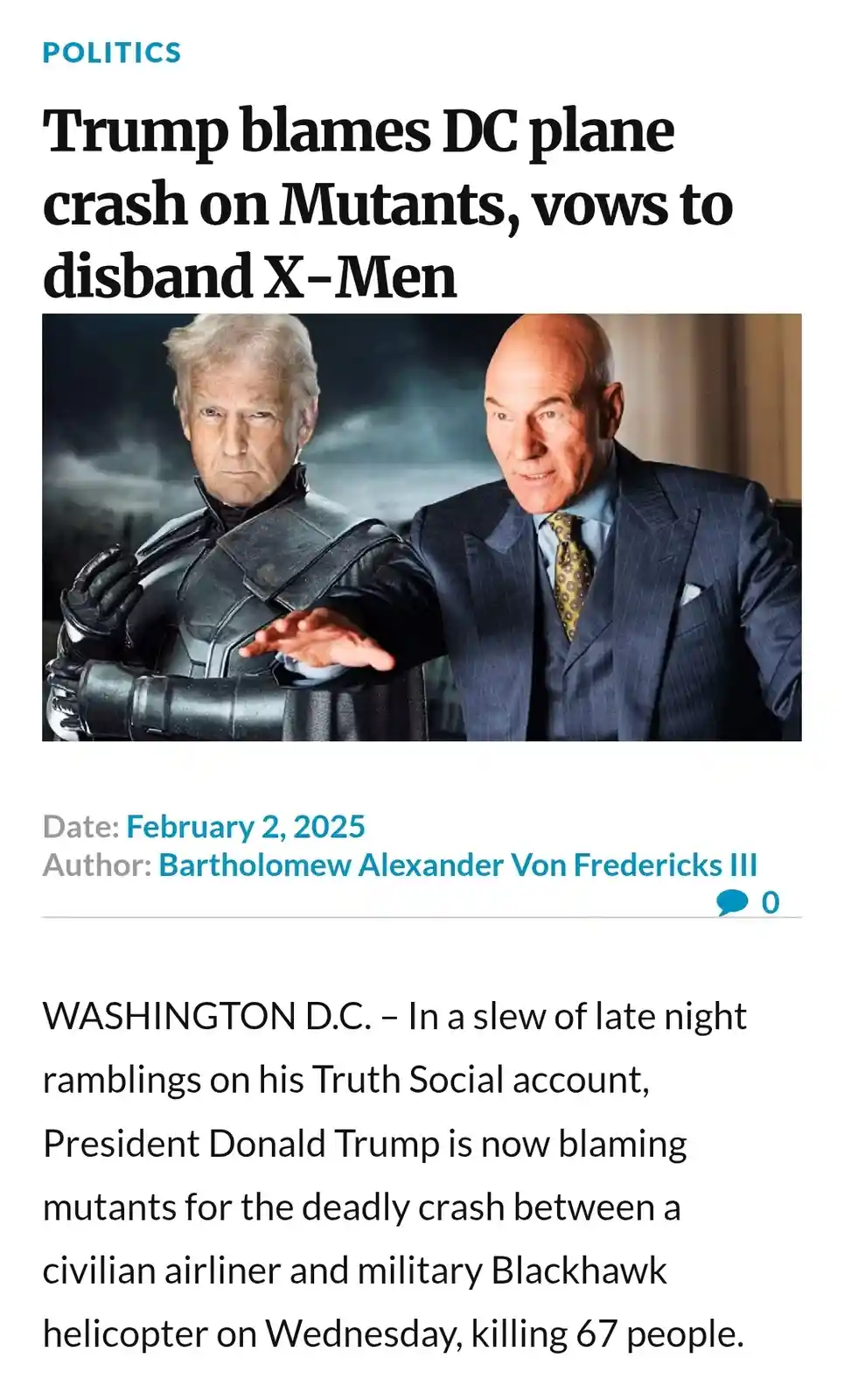The image displays a fake news article with the headline 'Trump blames DC plane crash on Mutants, vows to disband X-Men'…