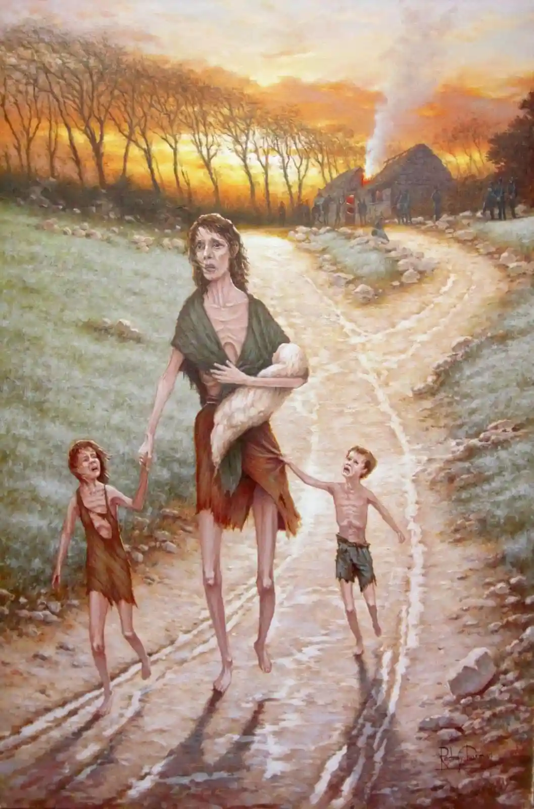 A painting depicts a gaunt woman holding a baby while walking down a dirt road with two equally emaciated children, one on…