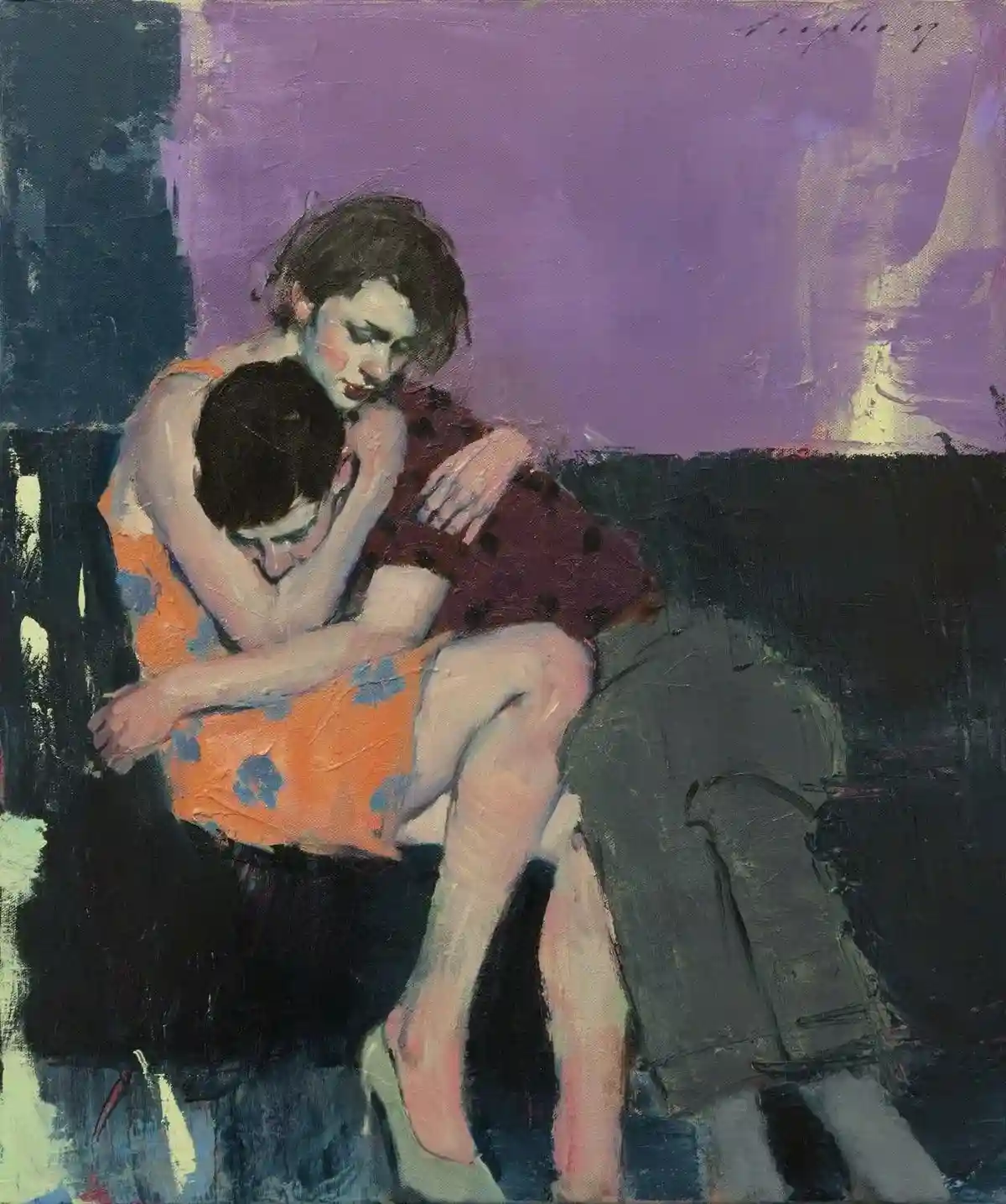 An oil painting depicts two people in a close, emotional embrace on a dark couch; the person in the foreground has their…