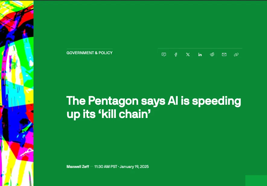 A screenshot of a news article header with a green background, showing the headline 'The Pentagon says AI is speeding up its…