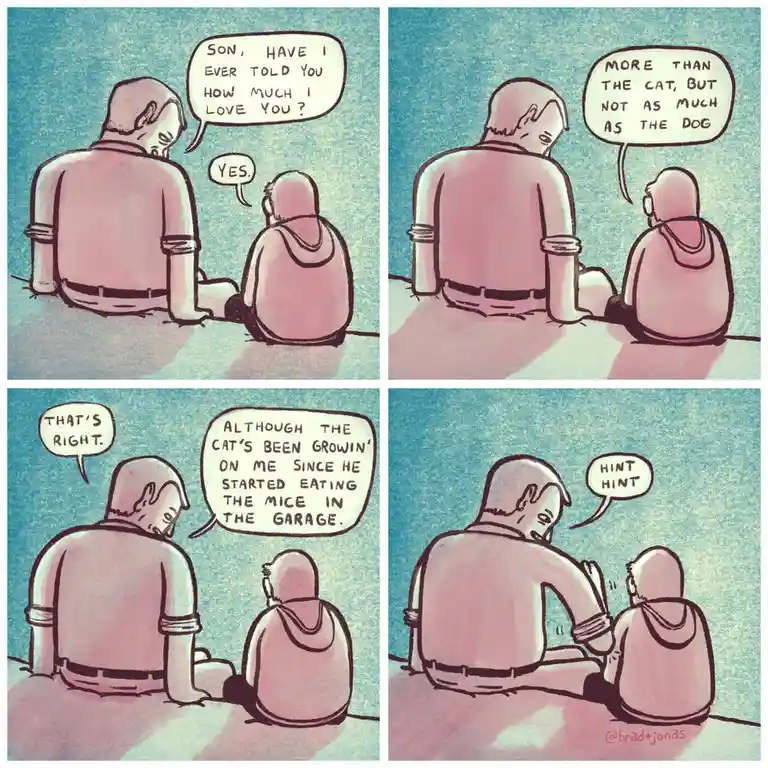 A four-panel comic strip shows a father and son sitting back-to-back. The father asks how much he loves his son, who replies…