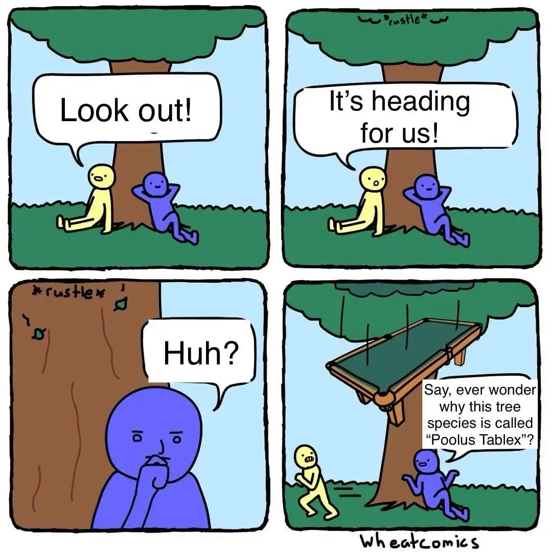 A four-panel comic shows two stick figures under a tree. The first panel has them warning each other about a rustling sound…