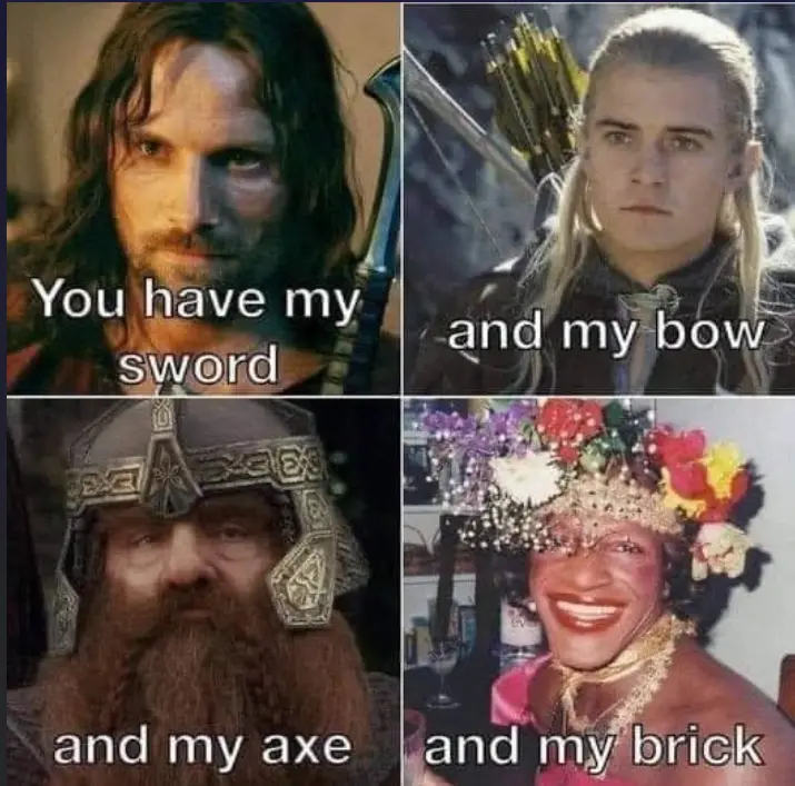 A four-panel meme featuring Aragorn, Legolas, and Gimli from Lord of the Rings, each with text listing a weapon they…