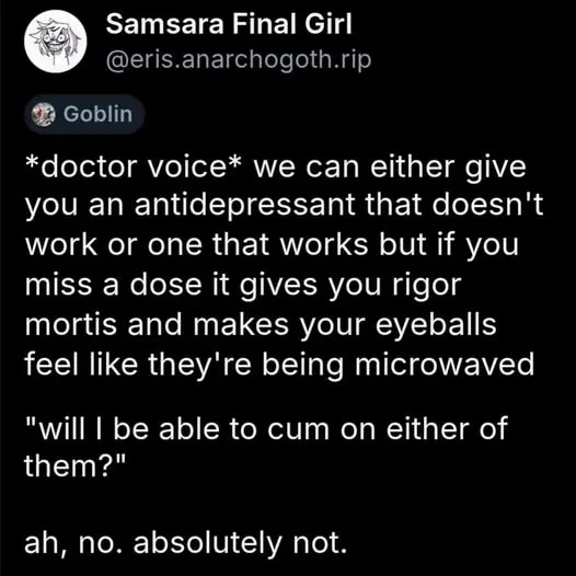 A black-background image displays a Twitter post from 'Samsara Final Girl' with overlaid white text. The text is a fictional…