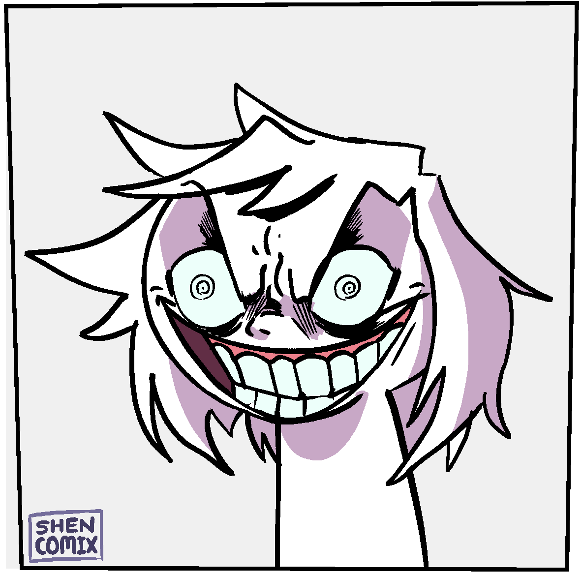 A cartoon drawing of a character with spiky white hair and purple highlights, wearing a wide, toothy grin with bulging light…
