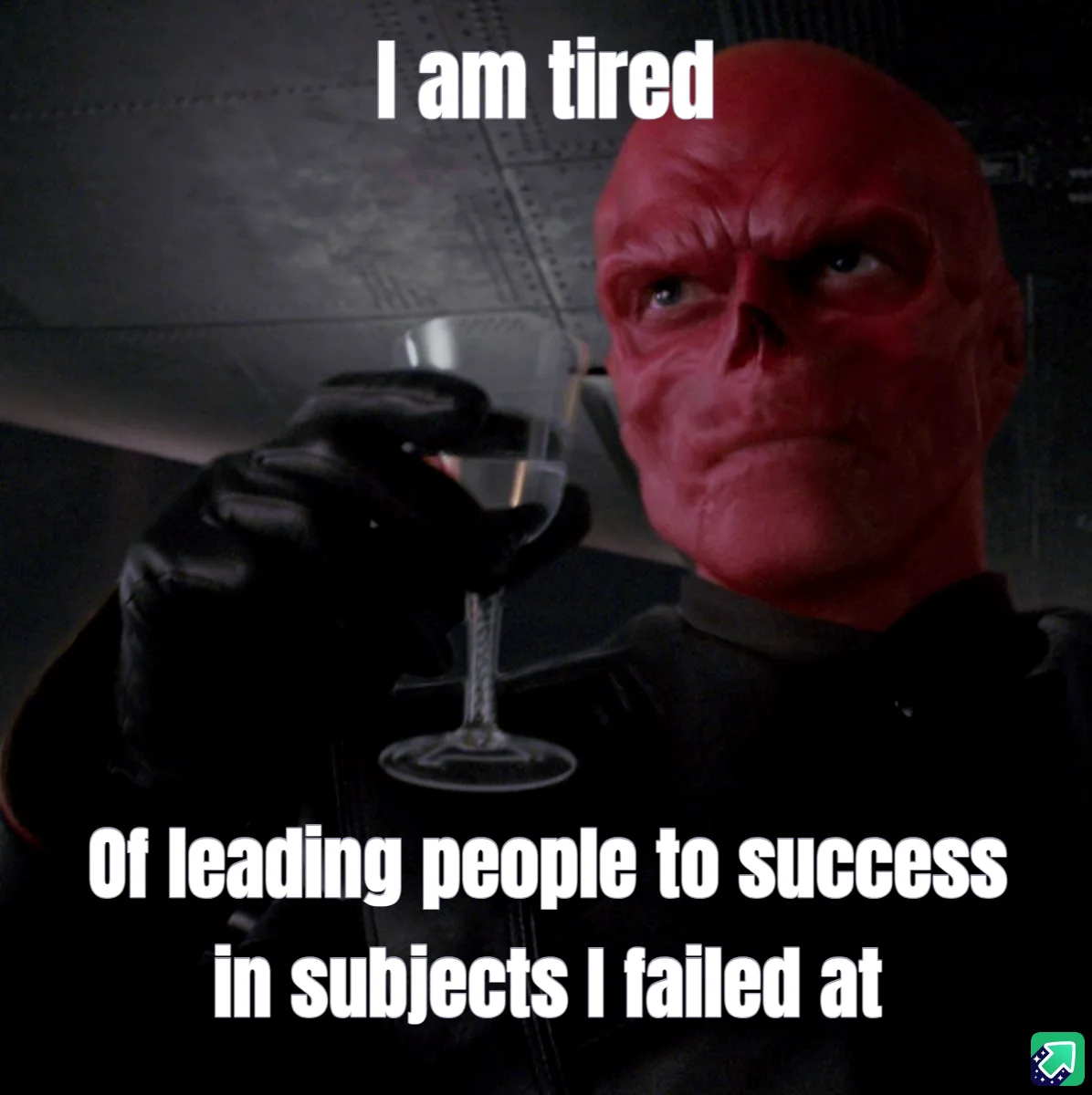 A red-skinned, bald man with a stern expression, wearing a black uniform and black gloves, holds a wine glass. The overlaid…