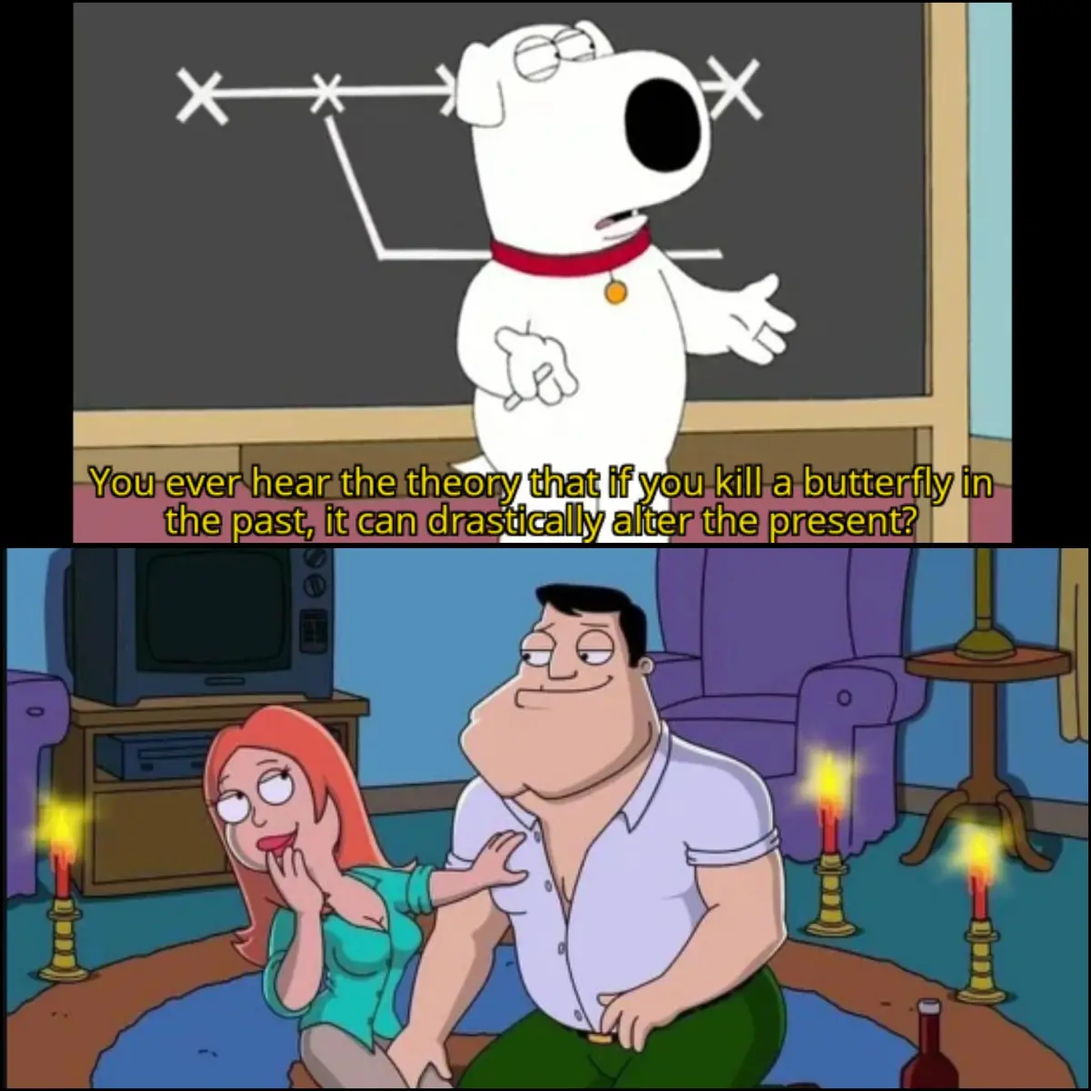 The top panel shows Brian the dog from Family Guy standing in front of a chalkboard with a diagram, asking if you've heard…