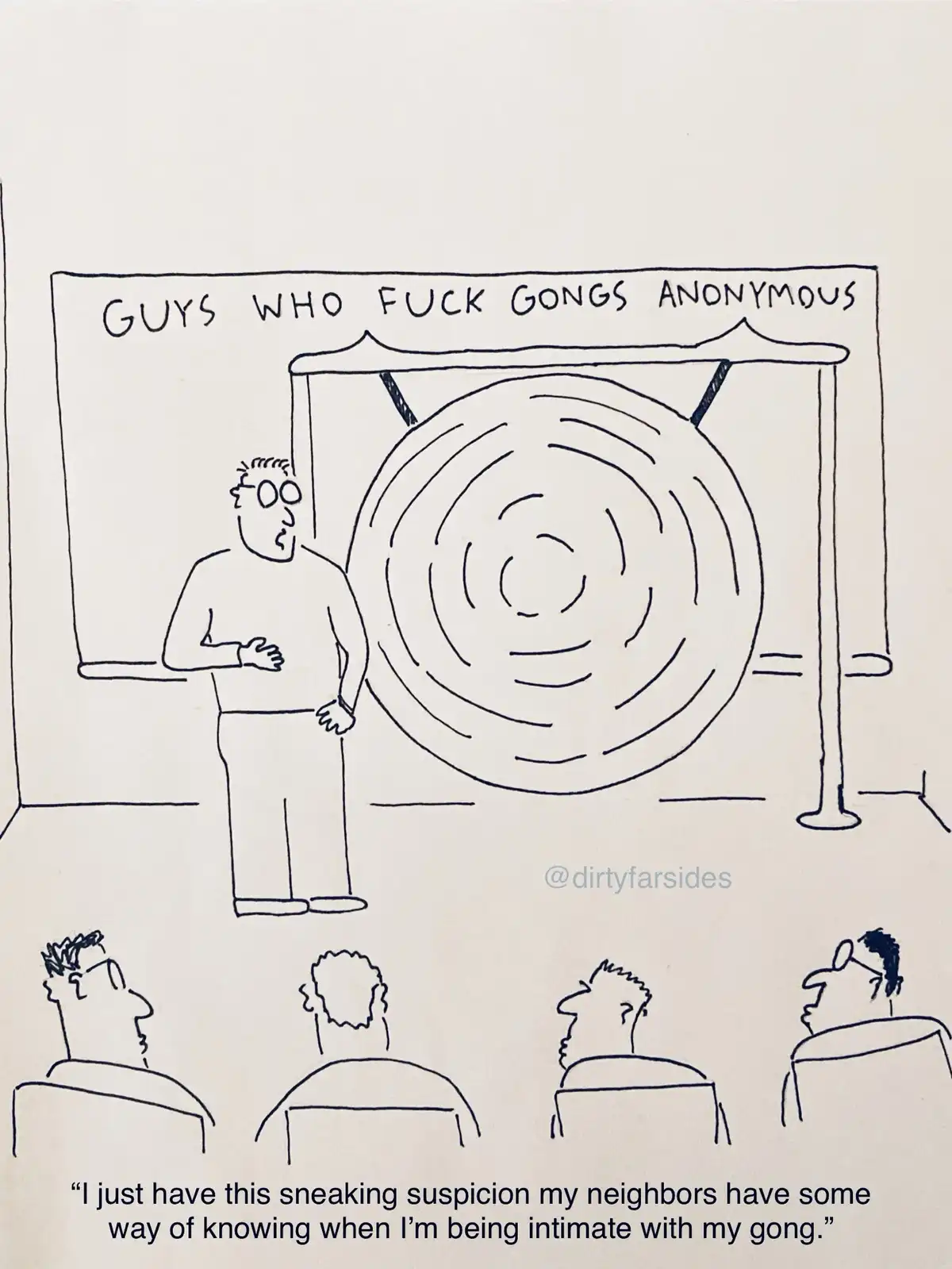 A black-and-white cartoon depicts a man in a shirt and pants standing in front of a large gong on a stand, addressing an…