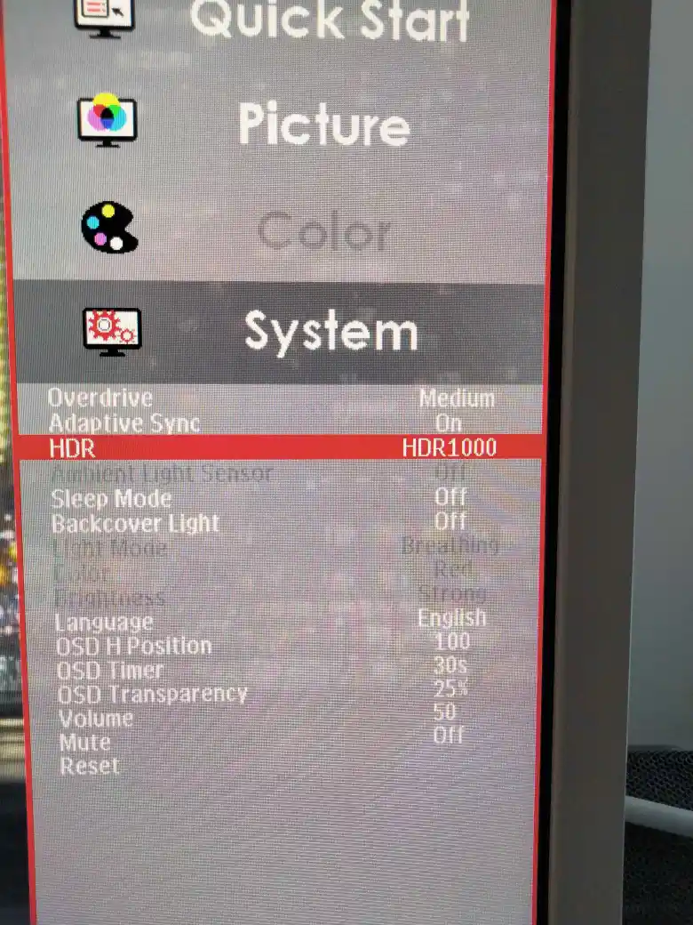 A close-up of a monitor's on-screen display settings menu, with the 'HDR' option highlighted in red and set to 'HDR1000'…