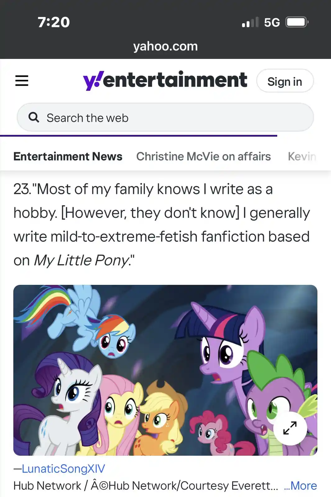 A screenshot of a Yahoo Entertainment article displaying a numbered list item about writing My Little Pony fanfiction. The…