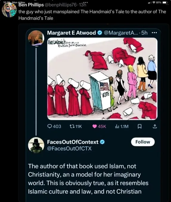 A cartoon depicts women in red robes and white head coverings standing in line to vote next to a voting booth with an…