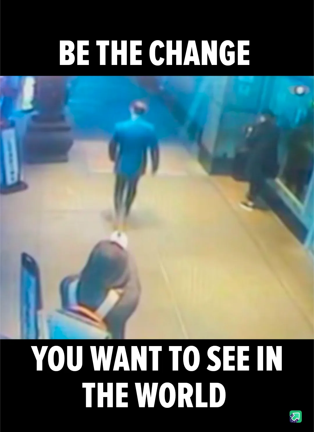 A low-resolution security camera image shows a person in a blue shirt walking away from the camera down a hallway, while…