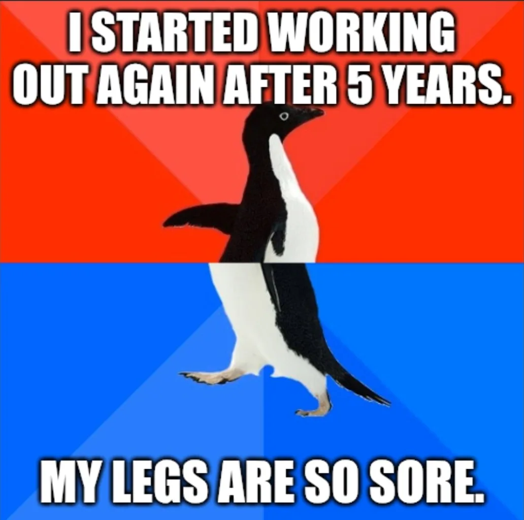 A penguin stands upright against a red and blue background, with bold white text at the top reading 'I STARTED WORKING OUT…