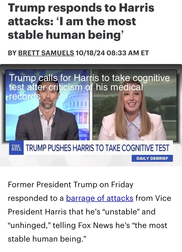 A screenshot of a news article from The Hill shows a split-screen TV broadcast with two anchors. The headline reads 'Trump…