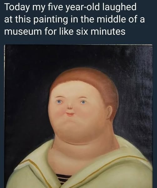 A portrait of a plump child with a solemn expression, wearing a light-colored sailor-style collar over a striped shirt, set…