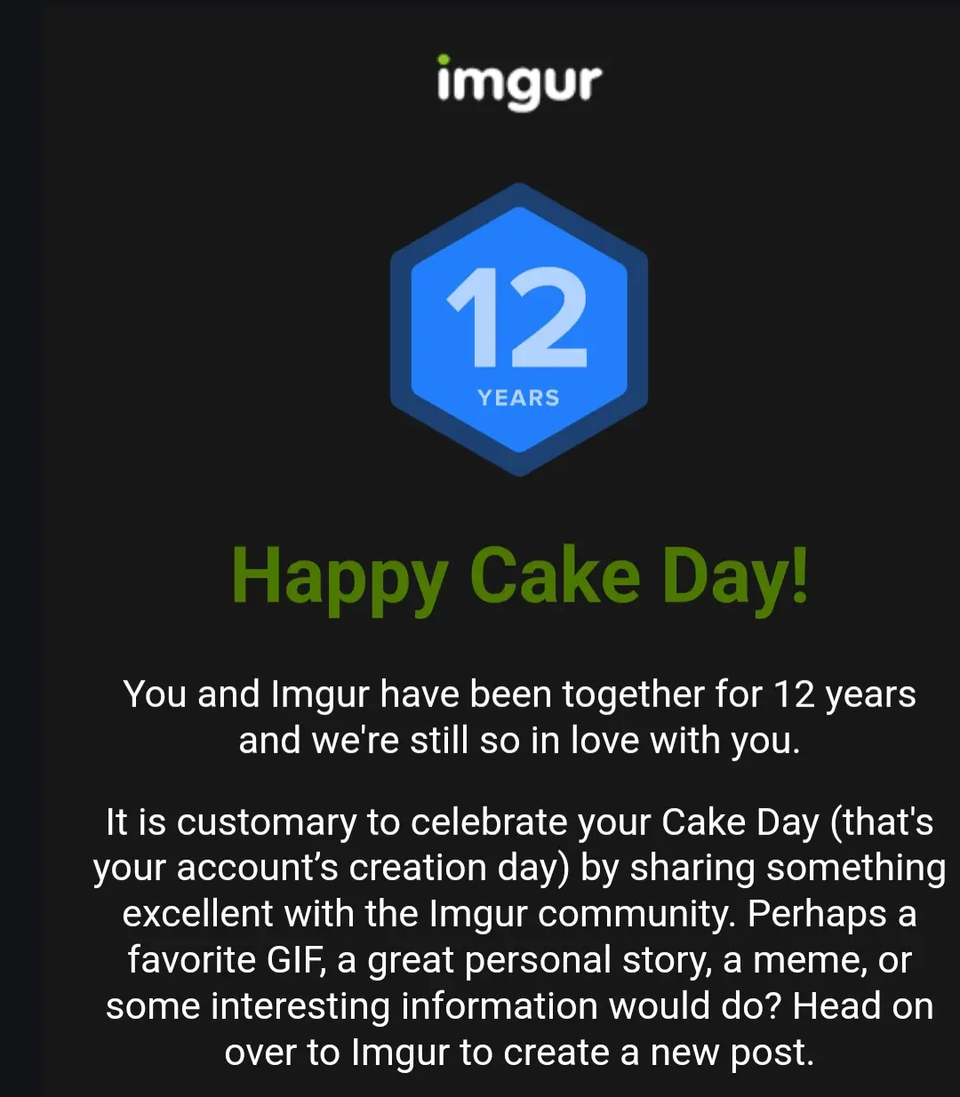 An Imgur account anniversary notification celebrating 12 years of account creation, featuring a blue hexagonal badge with…