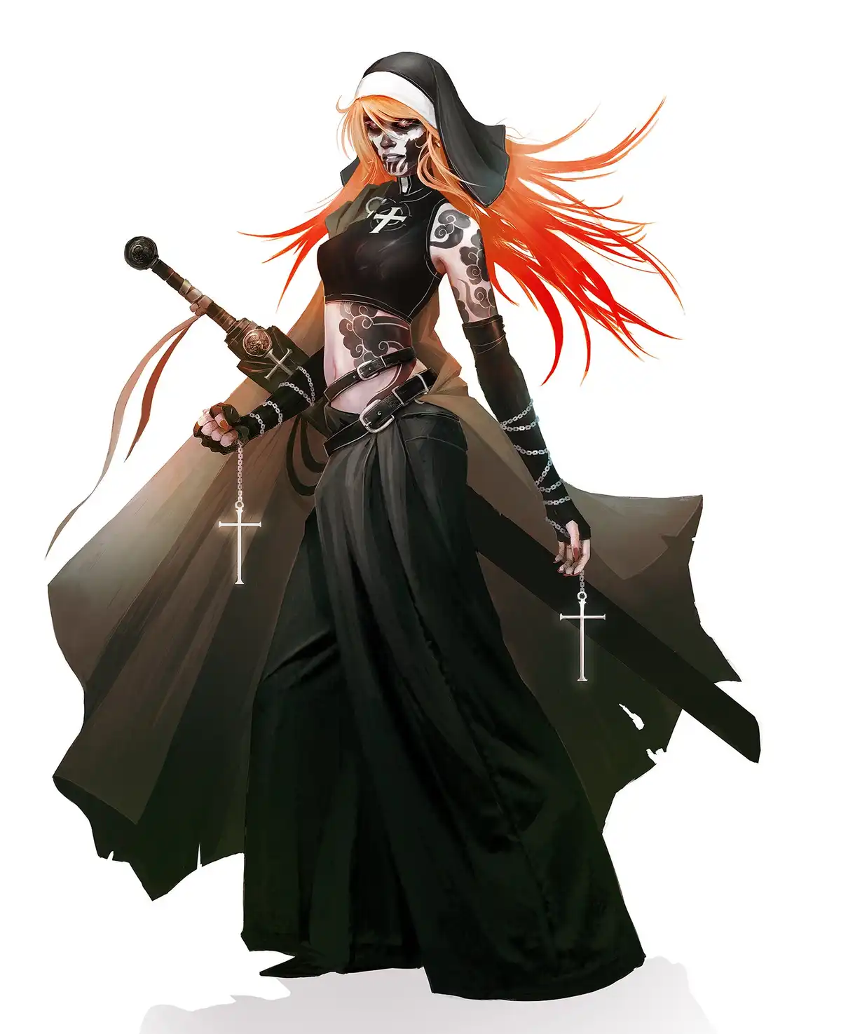 An anime-style illustration of a woman with long orange hair and skull-like face paint, dressed in a black and white nun's…