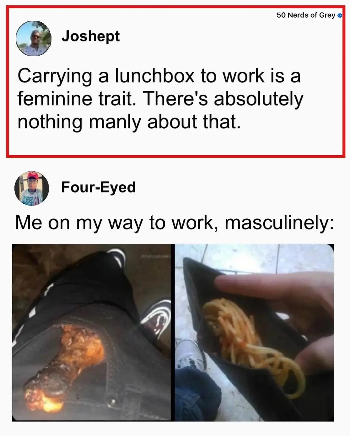 The meme shows a social media post where user 'Joshept' claims carrying a lunchbox to work is a feminine trait. Below, user…